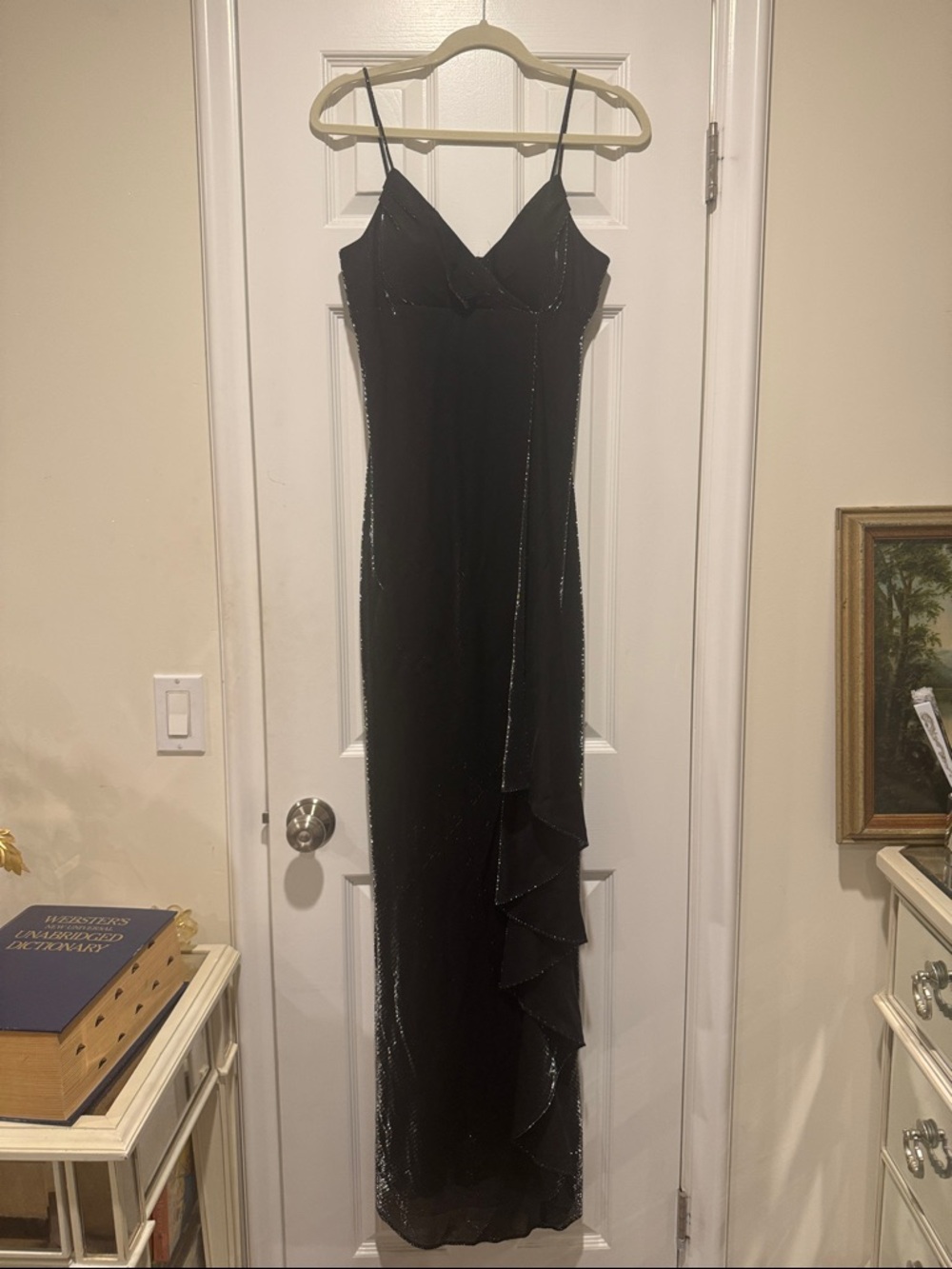 Black Spaghetti-Strap Maxi Dress with Ruffled Cascade